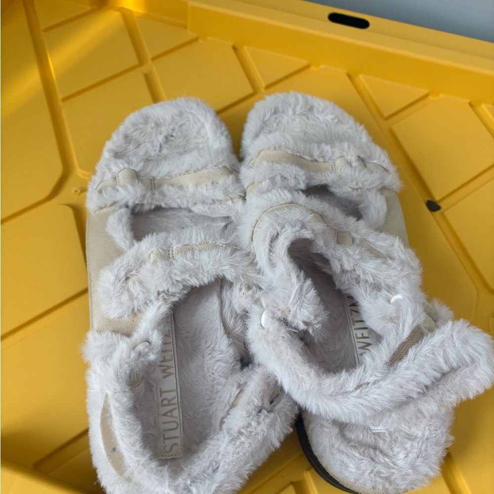 Stuart Weitzman Black Fuzzy Slides